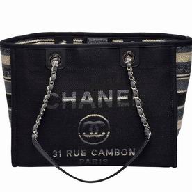 Chanel Canvas Deauville Chain Shoulder Tote Bag Black/Gray A67001SSY