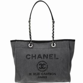 Chanel Denim Canvas Deauville Shop Tote Bag Silver Chain A67001CLGREY