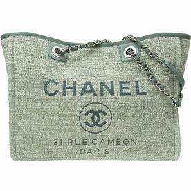 Chanel Green Tweed Canvas Deauville Shop Tote Bag Silver Chain A67001CLTDGRNSS