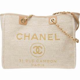Chanel Beige Tweed Canvas Deauville Shop Tote Bag Silver Chain A67001CLTGOLD