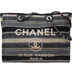 Chanel Canvas Deauville Shop Tote Bag Silver Chain A67001BEBLU