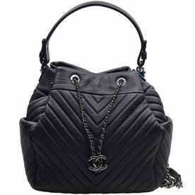 Chanel Deerskin Leather Drawstring Bucket Bag Black/Silver A91277BLKSS