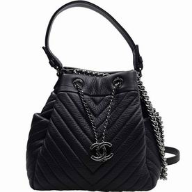 Chanel Deerskin Leather Drawstring Small Bucket Bag Black/Silver A91273BLKSS