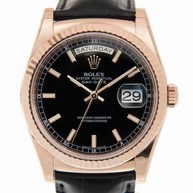 Rolex Day-Date Crocodile Band Swiss Movement Black Dial Rose Gold Case 118135BK