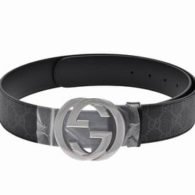 Gucci GG Plus Fabric Cowhide Silver Buckle Belt Black 5956682
