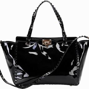 Valentino Rockstud Patent Medium Handbag Black VA53536