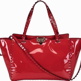 Valentino Rockstud Patent Medium Handbag Red VA53945