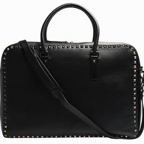 Valentino Rockstud Calfskin Double Chain Briefcase Black VA58608