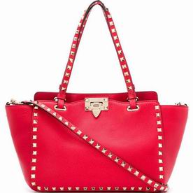 Valentino Rockstud Calfskin Medium Size Shop Tote Handbag Red SW2B0037VSFJU5