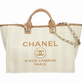 Chanel Apricot Tweed Canvas Deauville Large Toile Shopping Bag Gold Chain A66941CLBEGPS