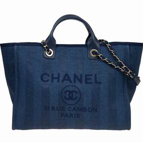 Chanel Deep Blue Tweed Canvas Deauville Large Toile Shopping Bag Gold Chain A66941CLNAVYGPS