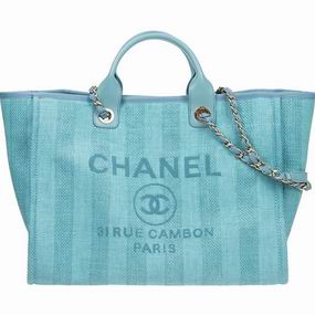 Chanel Blue Tweed Canvas Deauville Large Toile Shopping Bag Gold Chain A66941CLLGGPS
