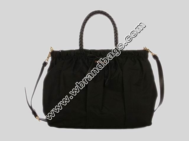 PRADA NYLON&CALFSKIN LEATHER HANDBAG BLACK P001373