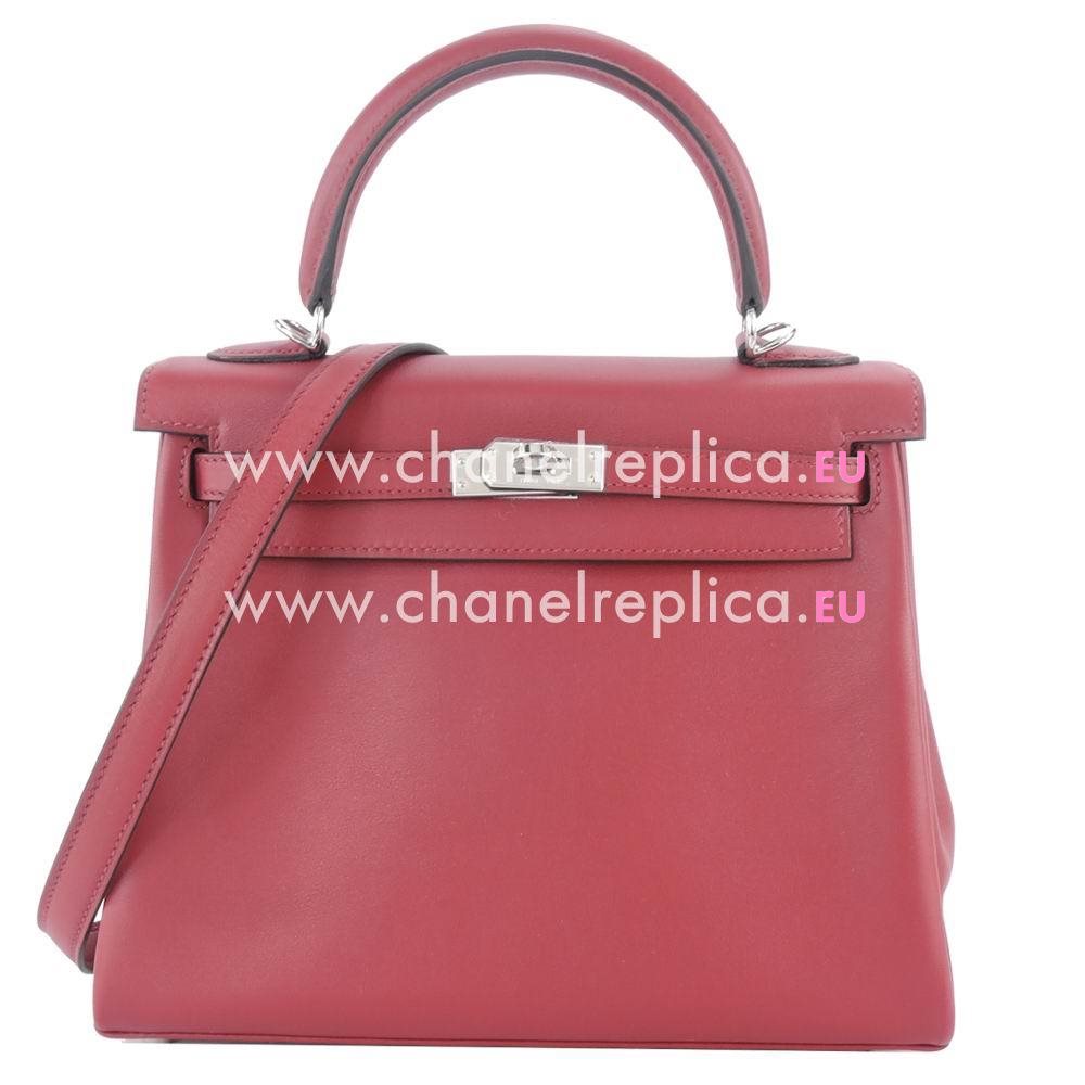 Hermes Kelly 25cm Silvery Button Swift Leather Hand/Shoulder bag Deep Red H7042009