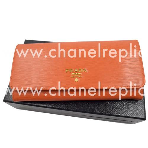 Prada Saffiano Gold Embossment Logo Cowhide Wallet In Orange PR499D32