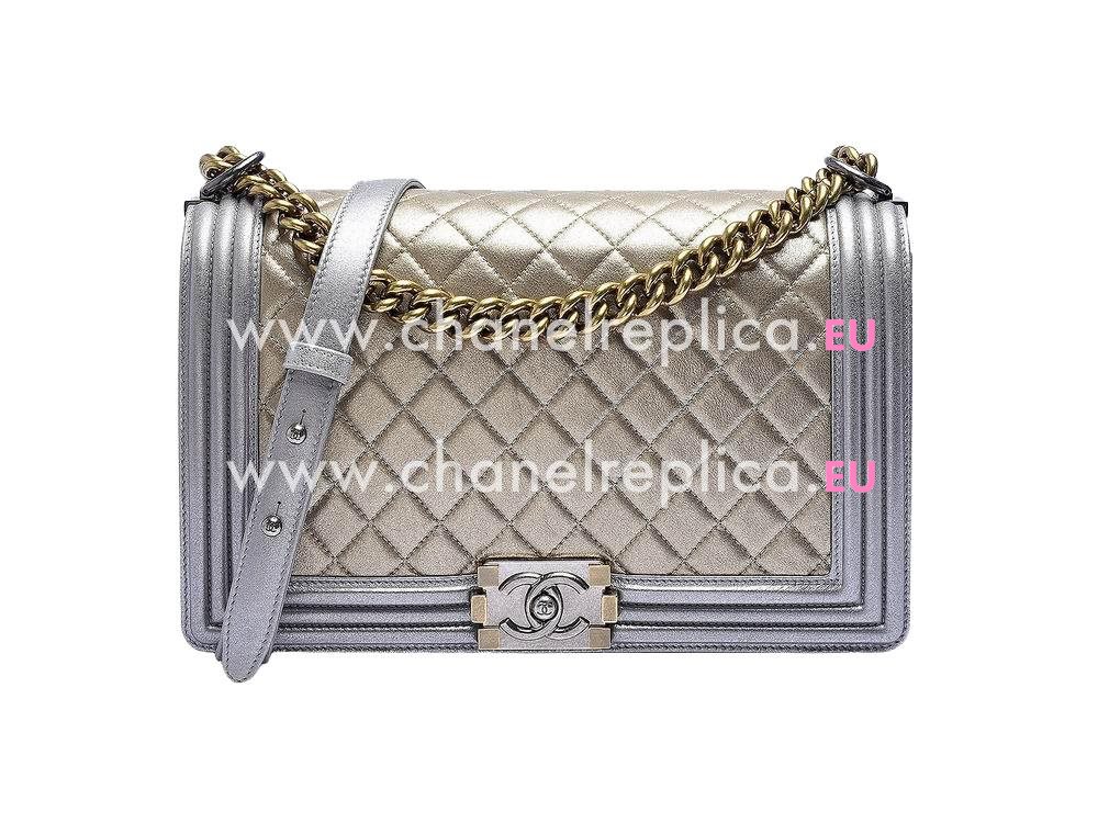 Chanel Two-Tone Lambskin 28cm Boy Bag In Silver/Gold A832787