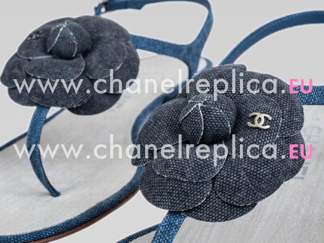 Chanel Golden CC Denim Camellia Sandals In Blue CH44282