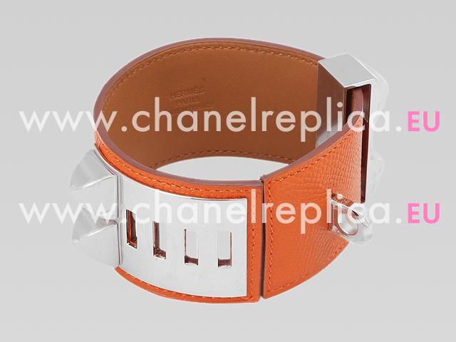 Hermes Goat Skin Collier De Chien Rivets of Metal Bracelet Orange&Silver HE56969