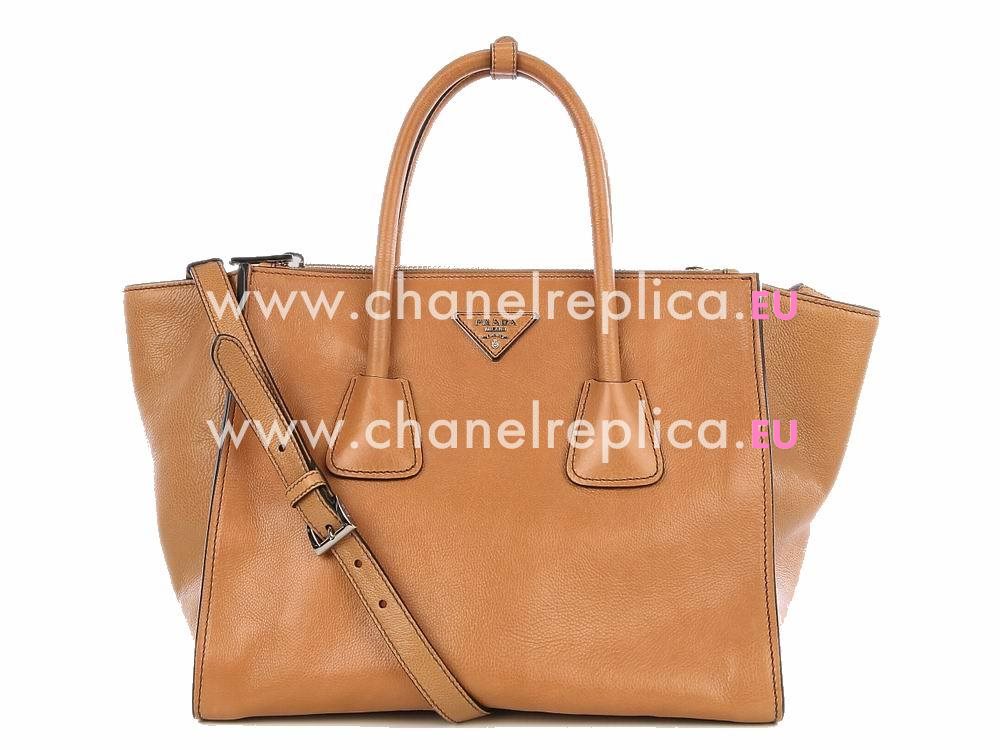 Prada Glace Calfskin Triangle Logo Large Bag Camel P536288