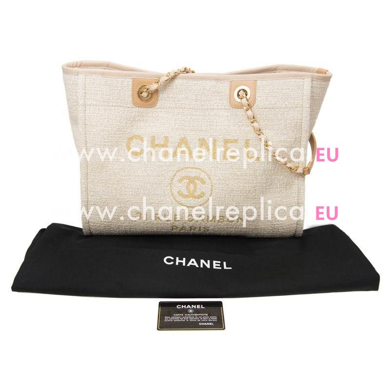 Chanel Beige Tweed Canvas Deauville Shop Tote Bag Gold Chain A67001CLTGOLD