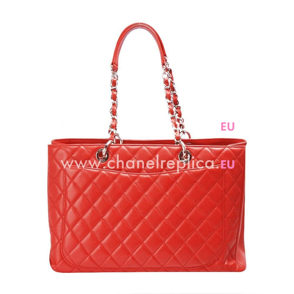 Chanel Clsssic Maxi GST CC Logo Caviar Calfskin Silvery Chain Shoulder Bag Red C6112806