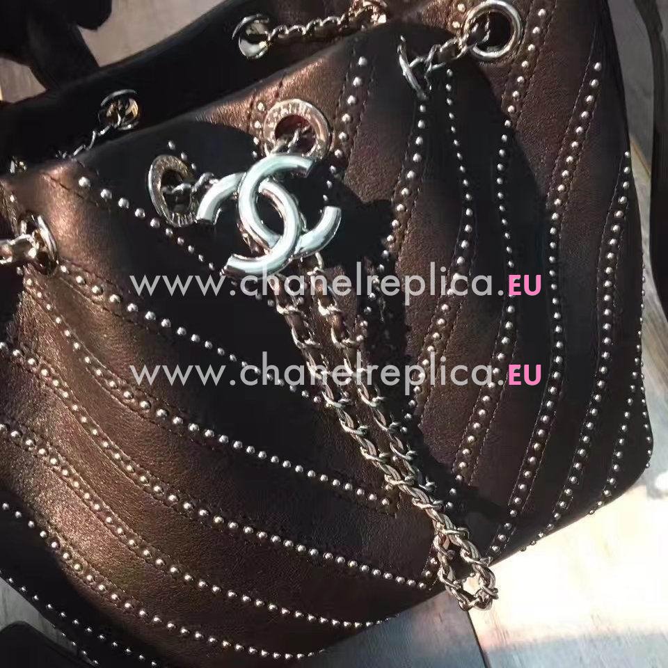 CHANEL Drawstring Studded Calfskin Silvery Tone Bag Black C7060701