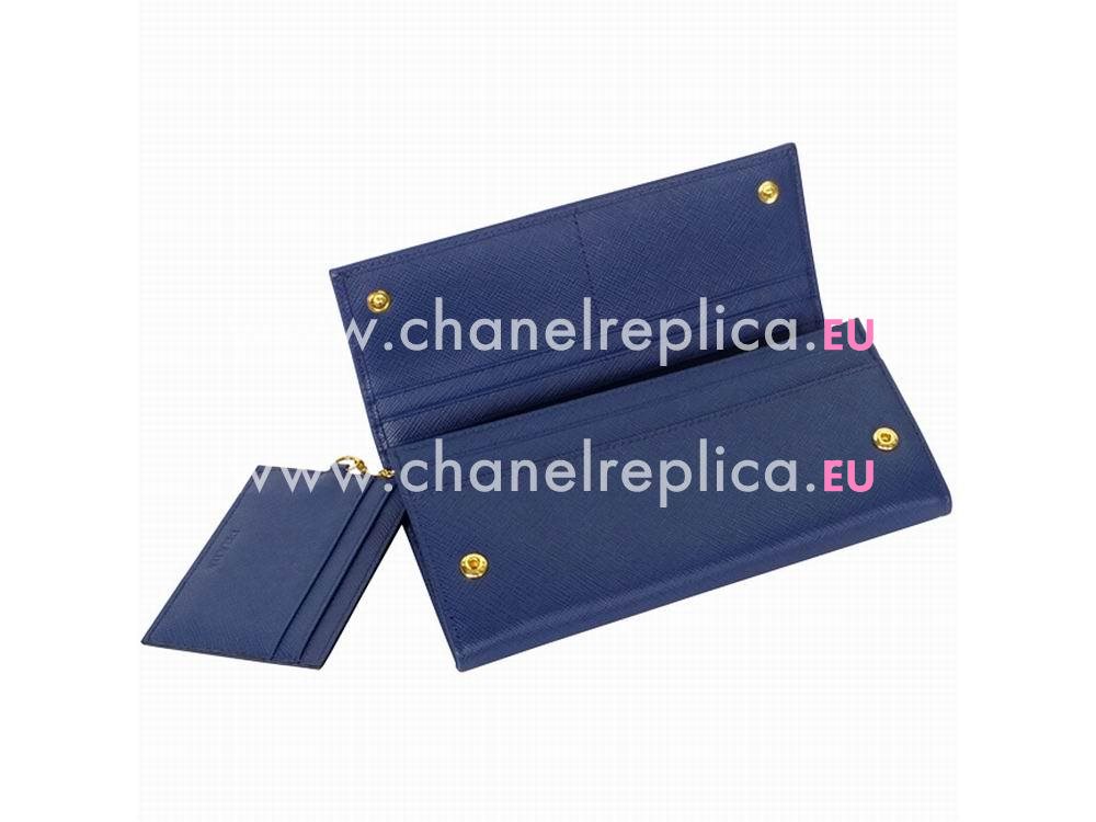 Prada Saffiano Triangle Embossment Logo Cowhide Wallet In Deep Blue PR59F569