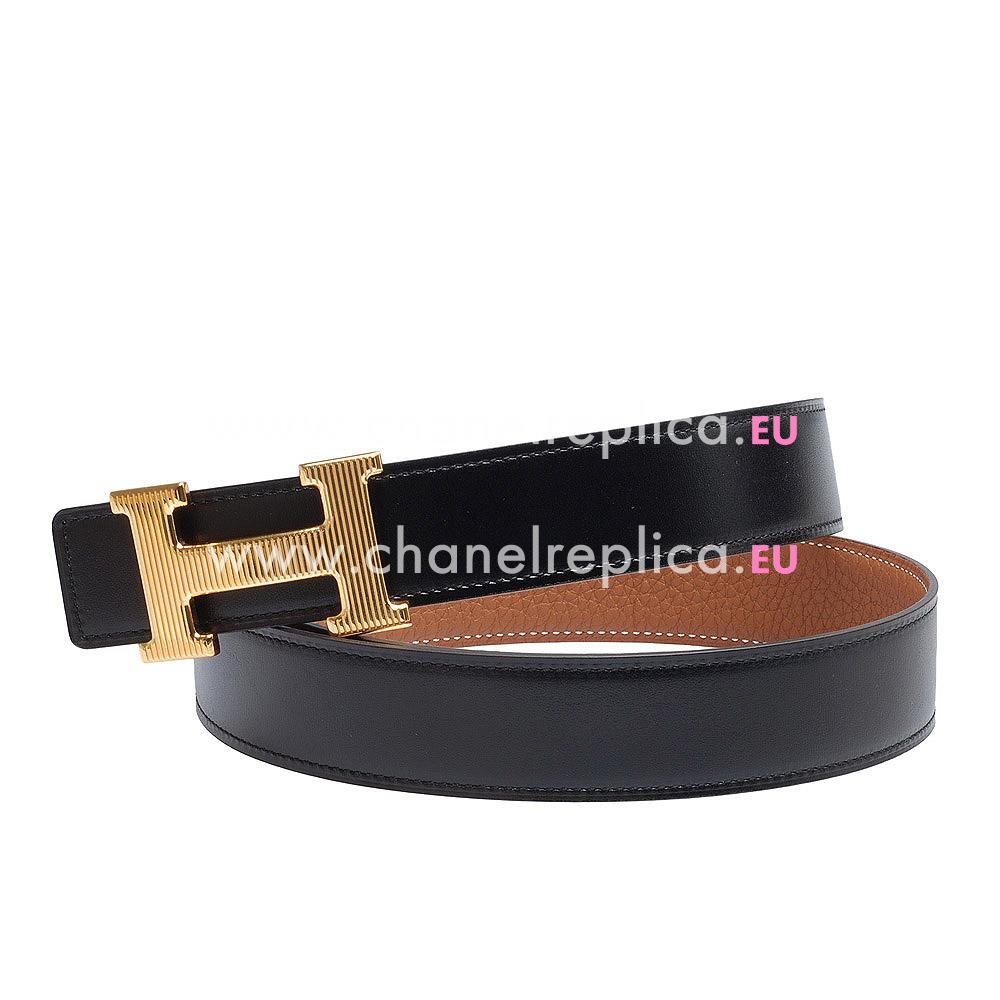 Hermes Gold H Buckle Gold-Black Swift-Togo Leather Two-sided Belt H55N49