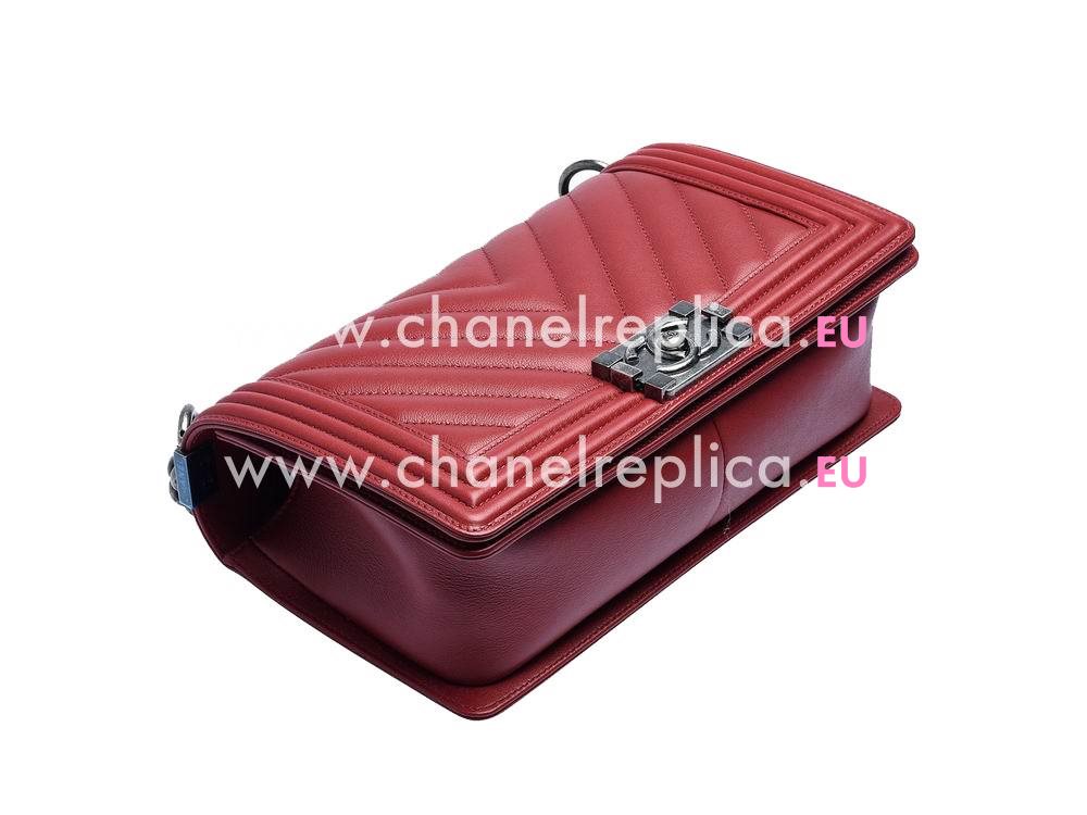 Chanel Lambskin Chevron Boy Bag Silver Wine Red A997764
