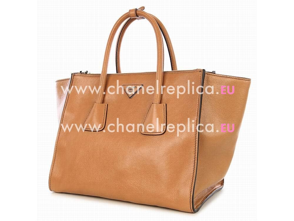 Prada Glace Calfskin Triangle Logo Large Bag Camel P536288