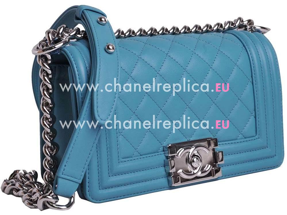 Chanel Lambskin Antique-Silver Chain Boy Mini Bag Bleu A67086