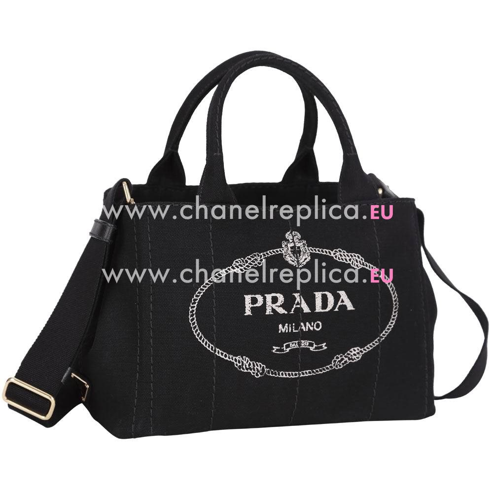 Prada Canapa Stampata Printing Logo Denim Canvas Small Size Bag Black PR7054130