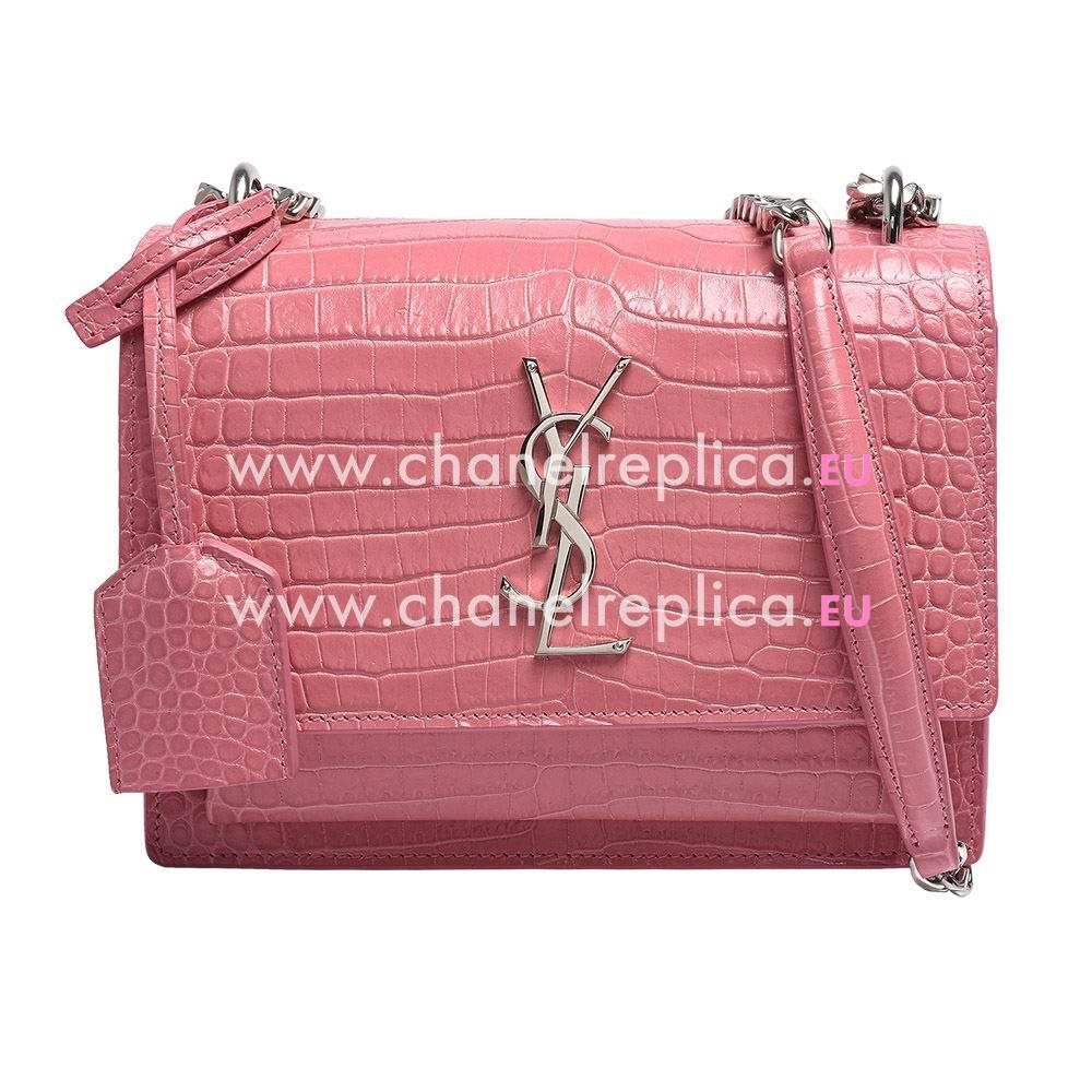 Yves Saint Laurent Silver Logo Crocodile Shoulder Bag Pink YV947158