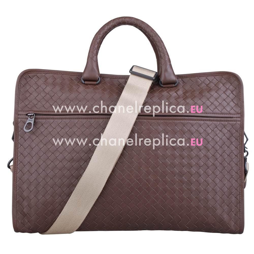 Bottega Veneta Classic Calfskin Leather Woven Briefcase Light Coffee B5411066