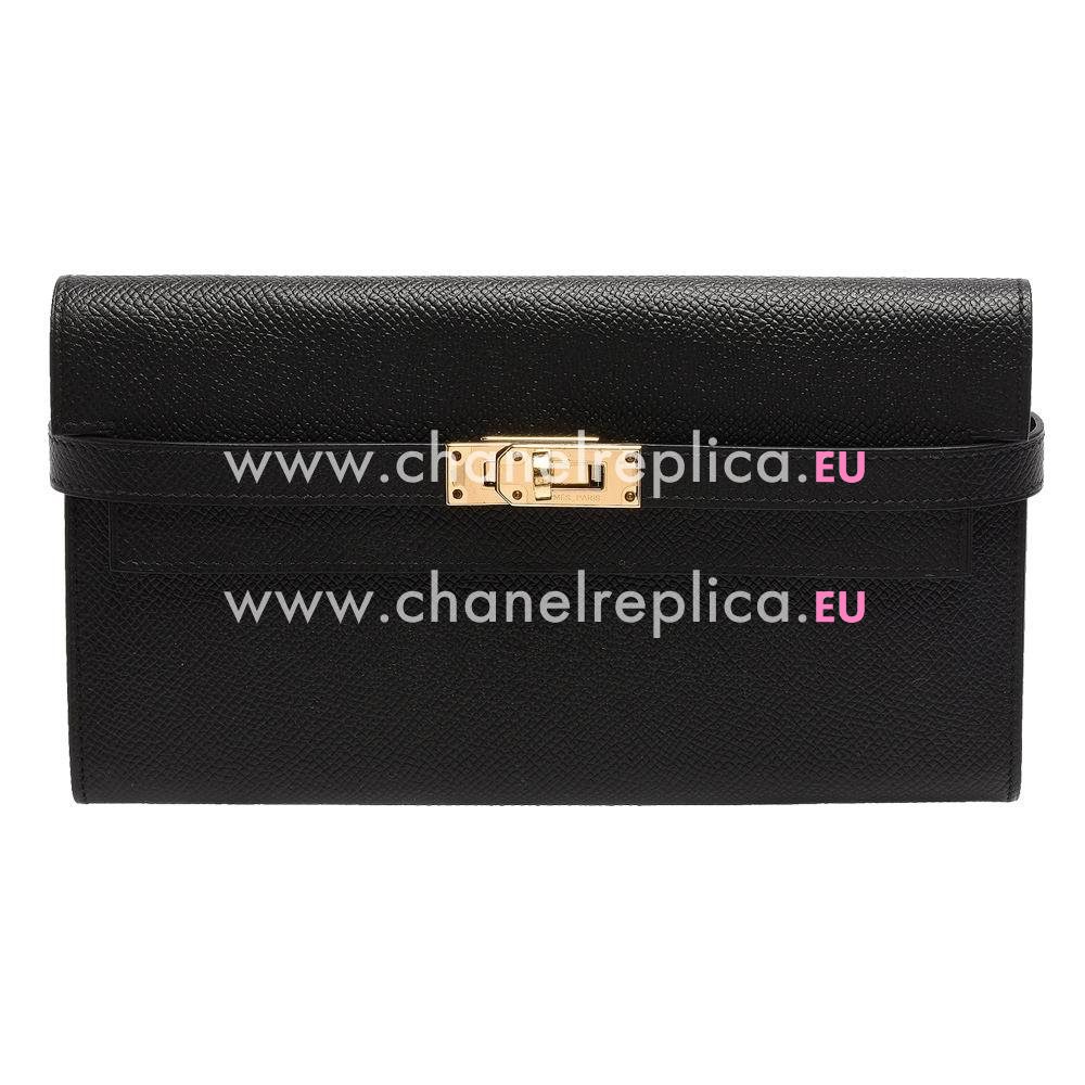 Hermes Kelly Epsom Calfskin Long Wallet Gold Hardware Black H7042116