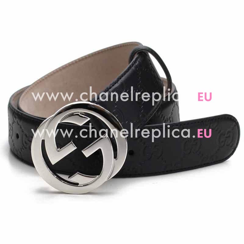 Gucci Guccissima GG Cowhide Leather Black Silver Buckle Belt G374220E