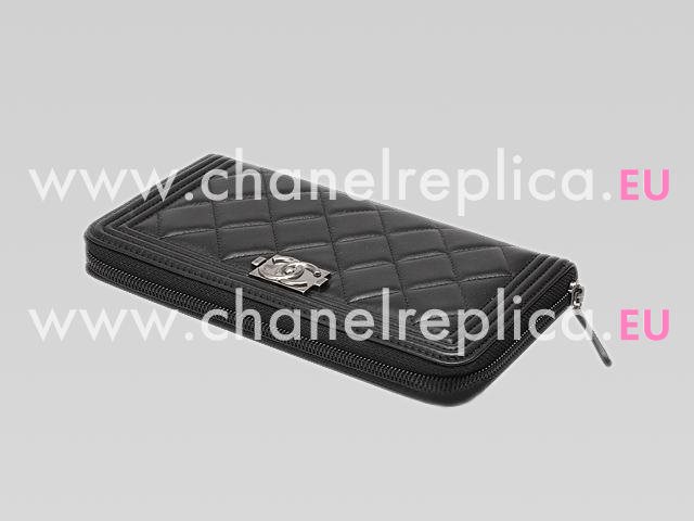 Chanel Boy Lambskin Antique-Silver Zipper Wallet Black A40038