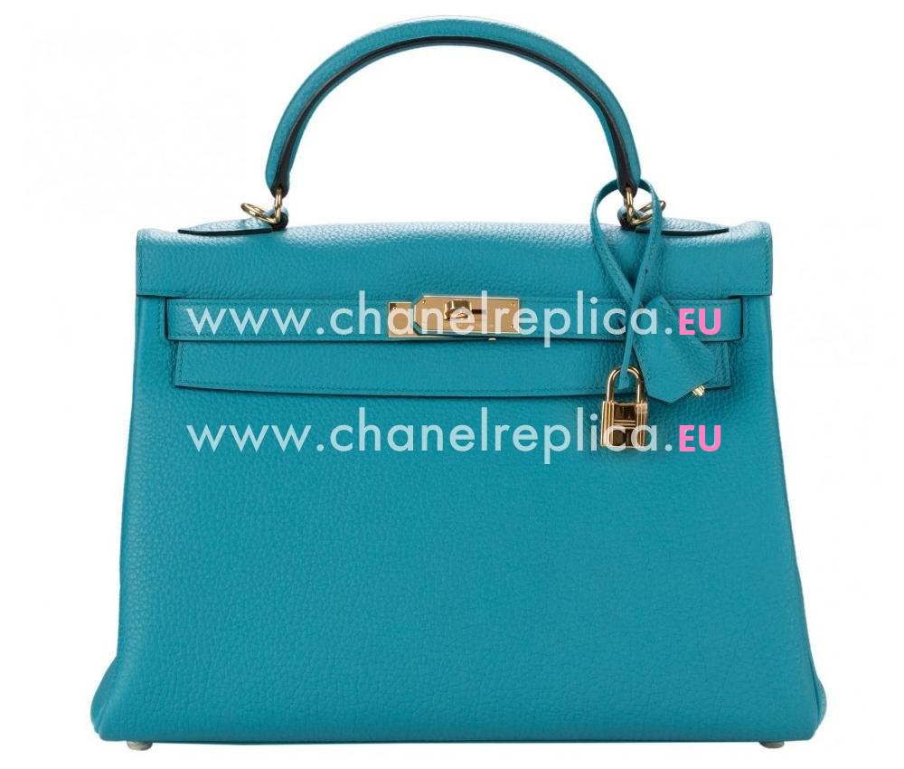 Hermes Kelly 32cm Blue Paon Clemence Leather Gold Hardware Handbag HK1032HCL