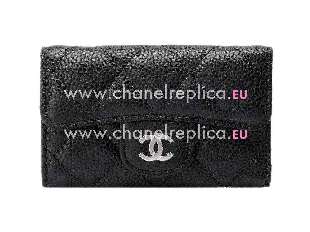 Chanel Caviar Silver CC Key Chain holder In Black C57082