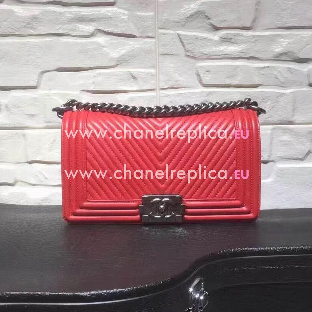 CHANEL Boy V Lines Cuprum Anti Silvery Hardware Sheepskin Bag in Cherry Red C7032204