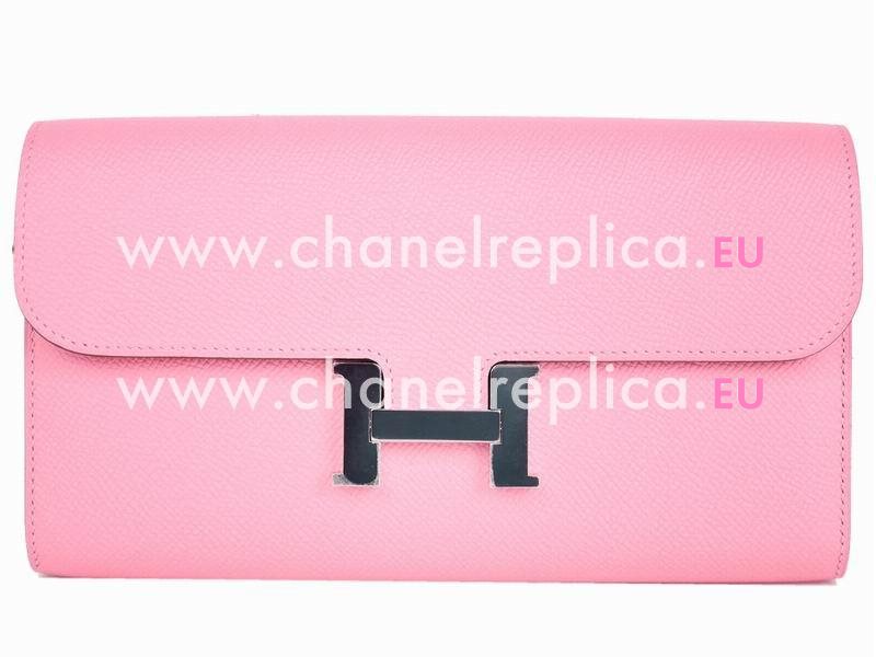 Hermes Kelly Epsom Leather Long Wallet Silvery Hardware Pink H51826