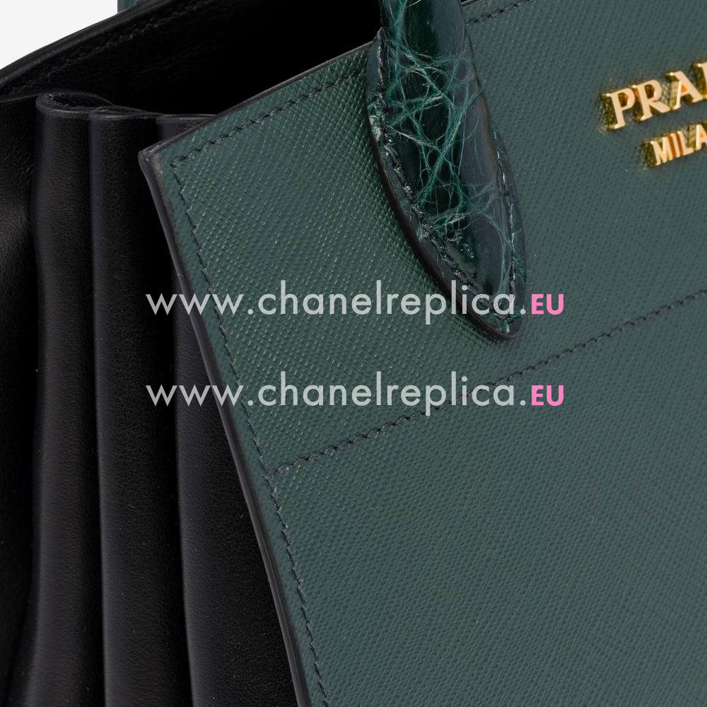 Prada Bibliotheque Saffiano Leather Bag Green Black P7092001