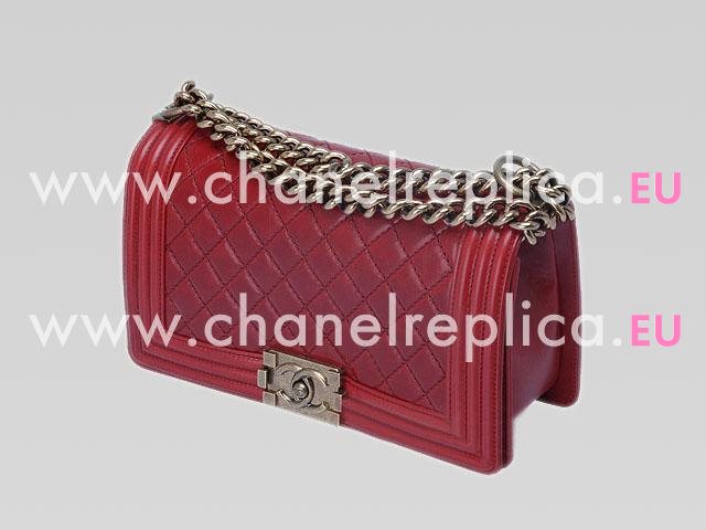 Chanel Lambskin Antique-Silver Chain 25cm Boy Bag Dark Red A46895