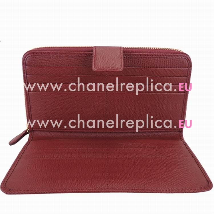 Prada Saffiano Gold Embossment Logo Cowhide Zipper Wallet In Burgundy PR382568