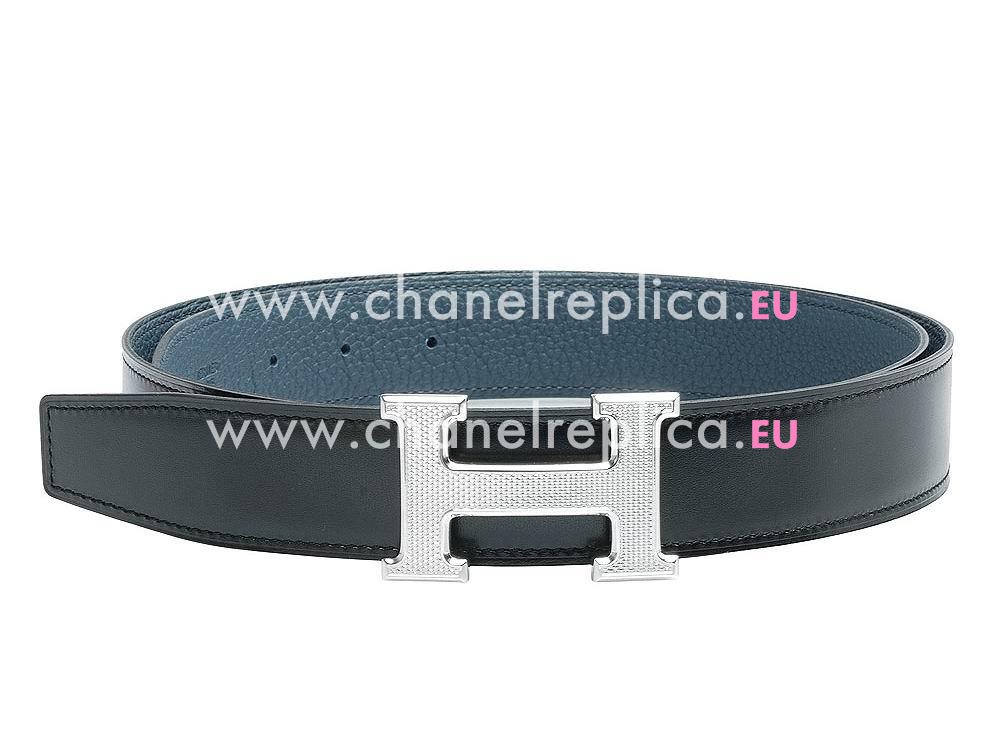 Hermes Gold H Buckle Black Box and Blue Epsom Leather Two-sided Belt H553050