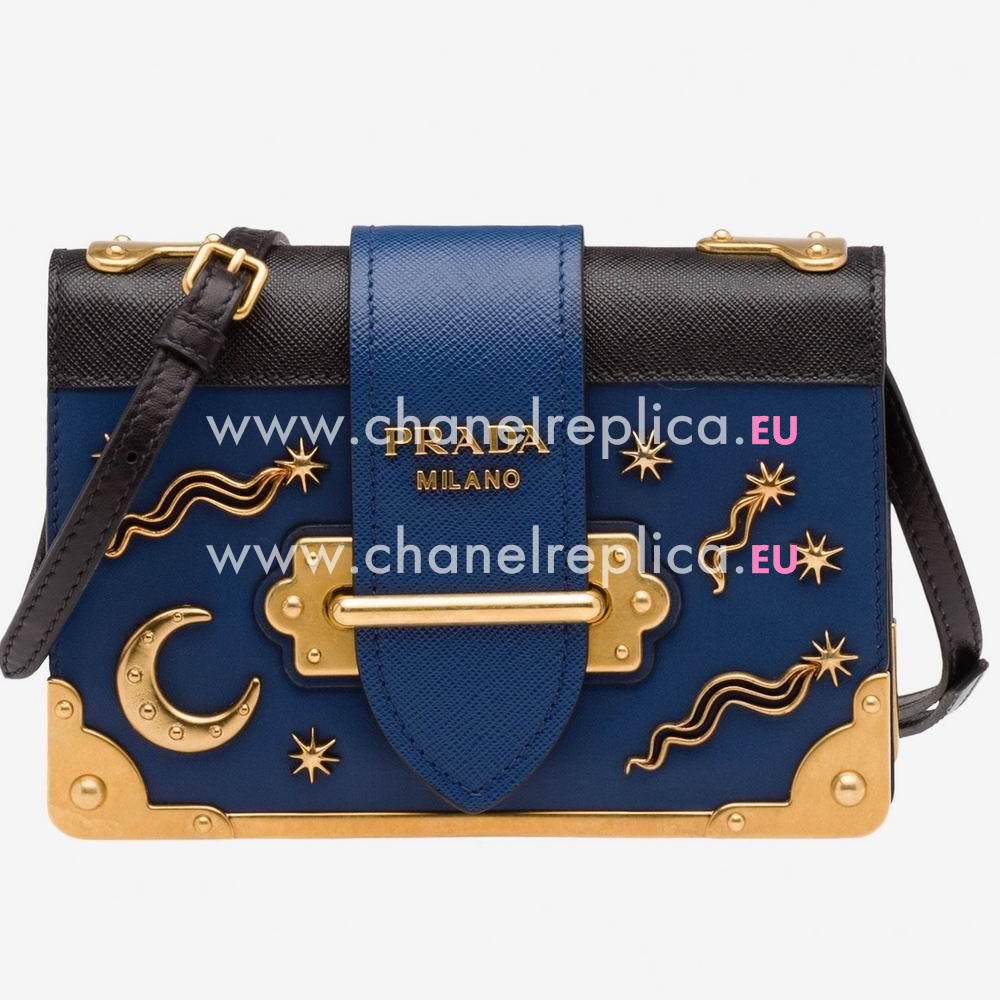Prada Cahier Calf Leather Bag Blue Black 1BH018_2BB0_F011A