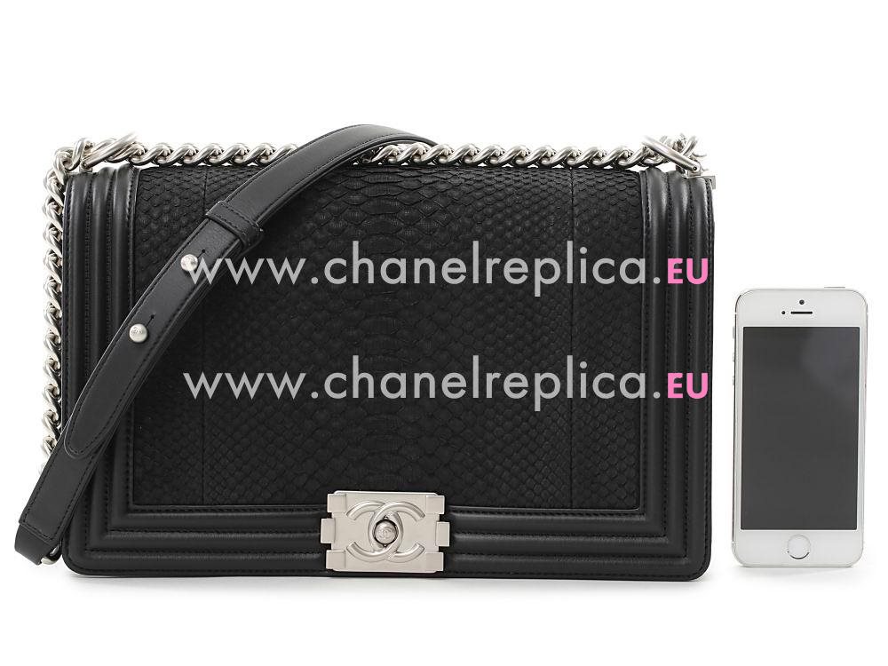 Chanel Real Python Skin 28cm Boy Bag Silver Chain Black A90420