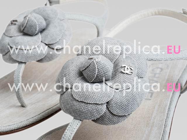 Chanel Golden CC Denim Camellia Sandals In Gray CH44281