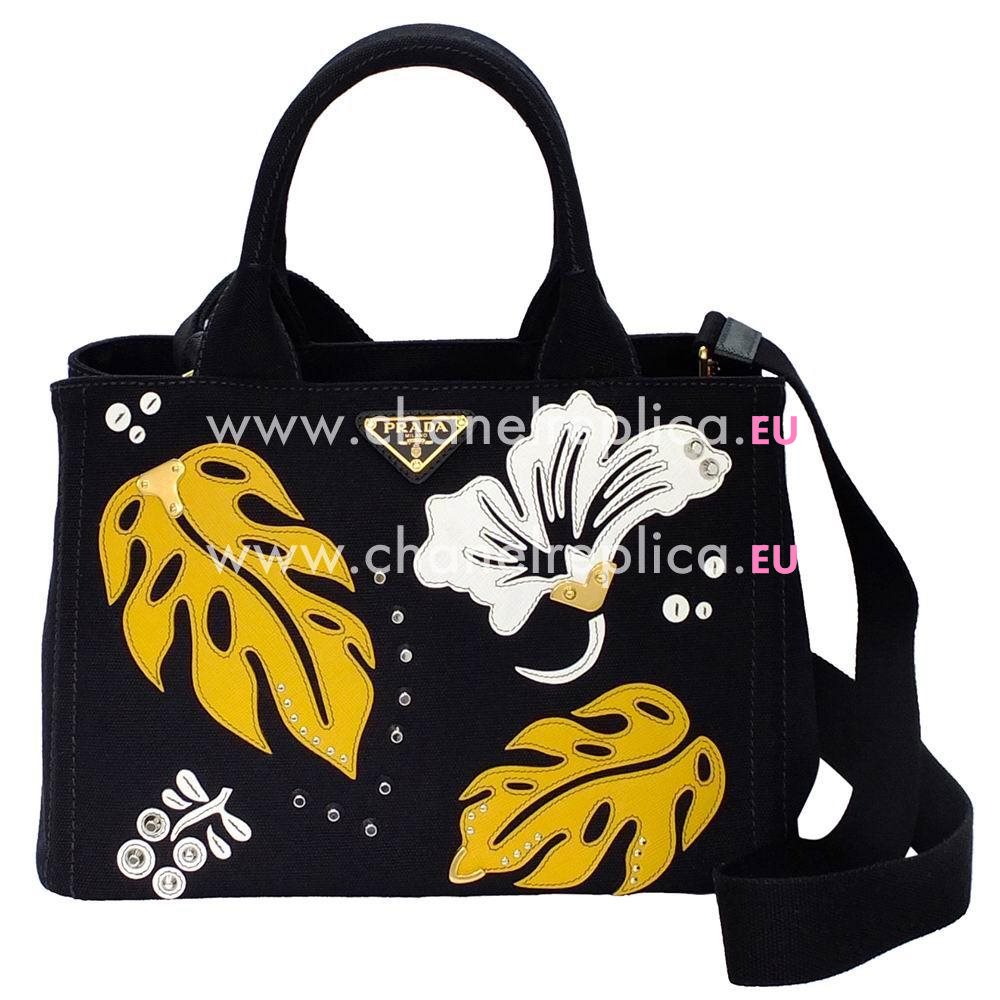 Prada Three-dimensional flowers Canvas Triangle Logo bag Black P7021314