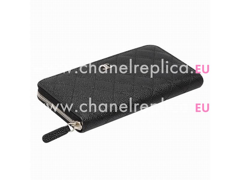 Chanel Caviar CC Logo Long Wallet Black Silver A49983